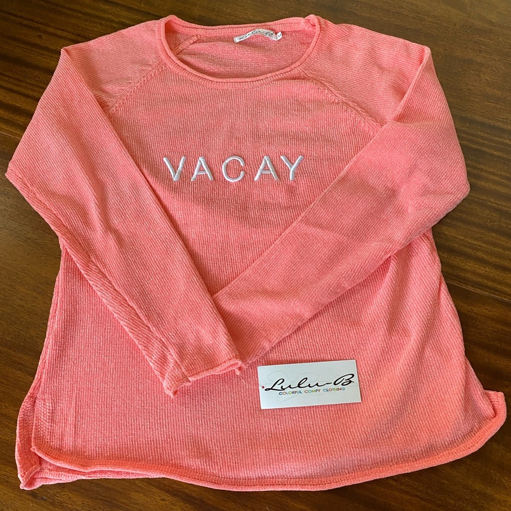 NWT LULU B Soft  Chenille VACAY Embroidered Fleece Sweater CORAL SIZE MEDIUM